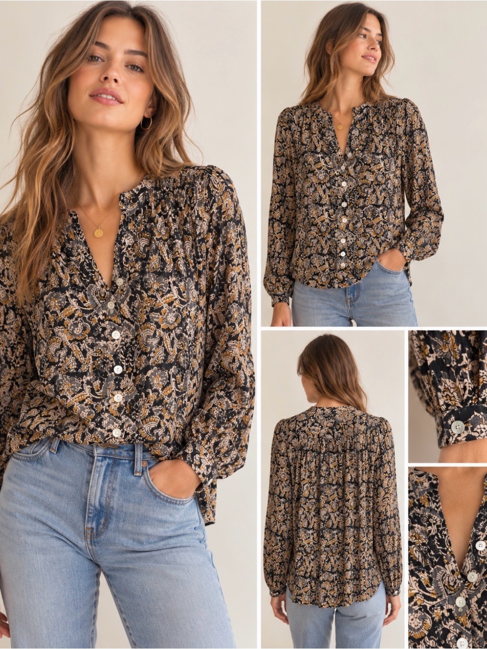 Faherty Everleigh Top Black Gold Paisley Boho Blouse Small